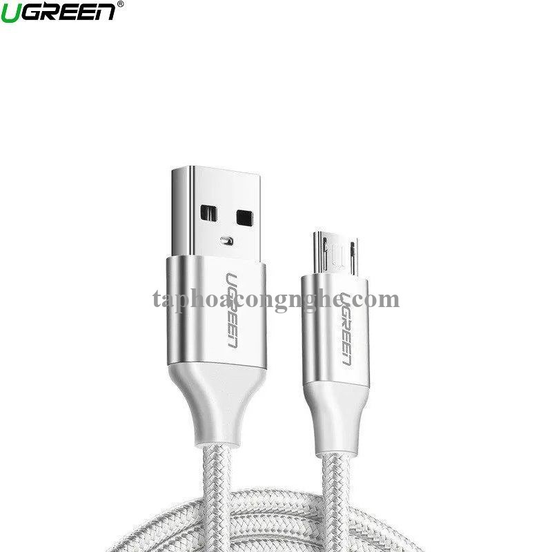 Ugreen 60149 25cm QC3.0 màu trắng đầu bọc nhôm chống nhiễu cáp Micro sang USB 2.0 sạc và truyền dữ liệu từ máy tính ra điện thoại dài 0.25m US290 30060149